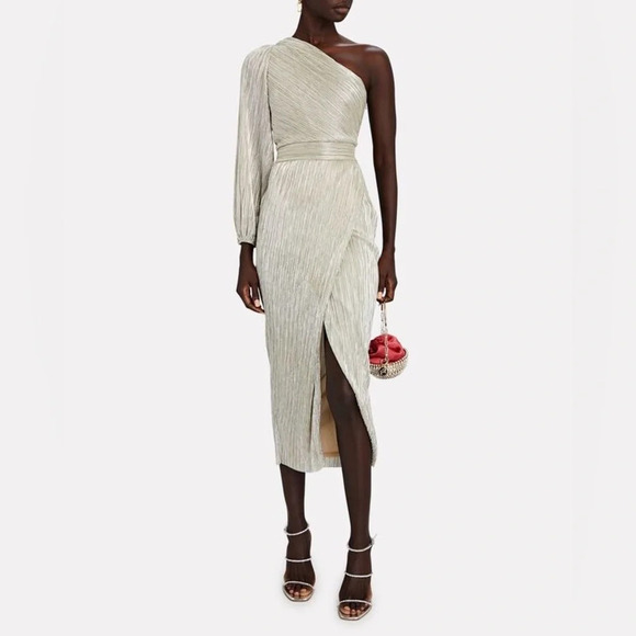 SAYLOR Alora Plisse’ Metallic One Shoulder Goddess Gown EUC XS Silver/platinum - Picture 1 of 15